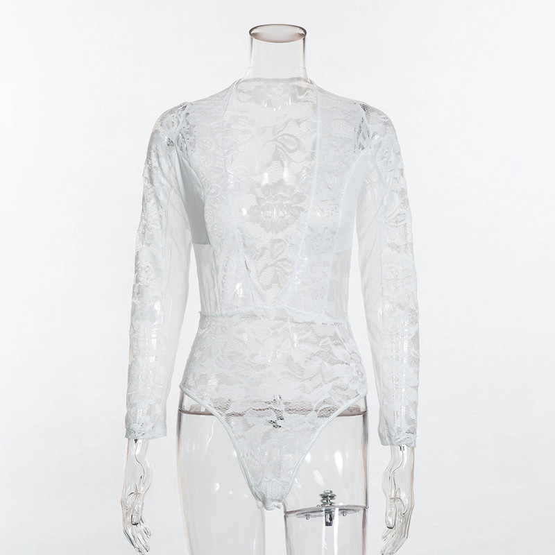 BKLD Body din dantelă pentru femei Topuri albe cu mânecă lungă 2020 Salopete sexy cu decolteu în V, negru, negru, cu mâneci lungi pentru femei