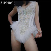 Moda argintiu strasuri perle margele albe femei cantarete spectacol tricou club de noapte bal de nastere haine body de performanta