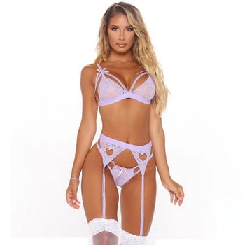 Ellolace Heart Lingerie Секси комплект дамско бельо Безжичен сутиен Жартиери Прашки Комплект от 3 части Еротично бельо Bilizna Комплекти бельо