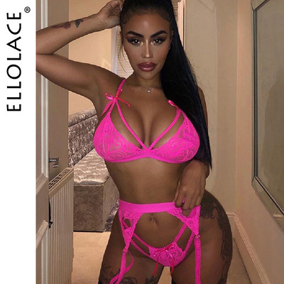 Ellolace Heart Lingerie Sexy Sieviešu apakšveļas Komplekts Bezvadu krūšturis Prievīte Strings 3 Daļīgs Komplekts Erotiska apakšveļa Bilizna Brief Sets