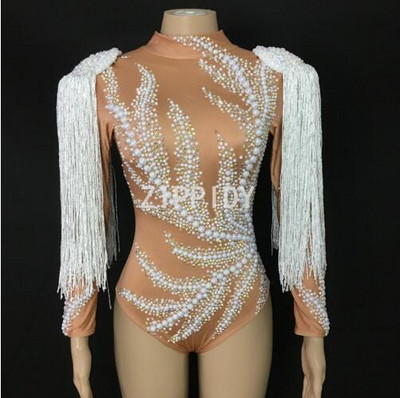 Body Női öltözet Villogó strassz gyöngyök Bojt Spandex Body Női Énekes Táncos Jelmez Nightclub Party Show