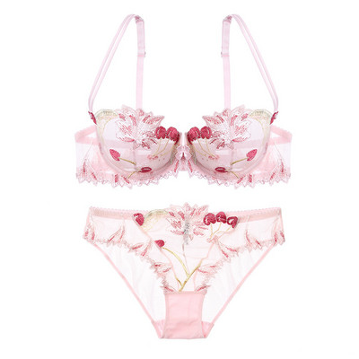 Γυναικείο σέξι εξαιρετικά λεπτό σετ εσωρούχων Δύο τεμάχια Top εσώρουχα σουτιέν Διαφανές κέντημα Push Up Γυναικεία εσώρουχα χωρίς επένδυση
