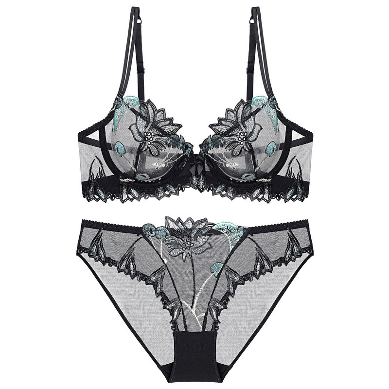 Γυναικείο σέξι εξαιρετικά λεπτό σετ εσωρούχων Δύο τεμάχια Top εσώρουχα σουτιέν Διαφανές κέντημα Push Up Γυναικεία εσώρουχα χωρίς επένδυση