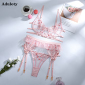 Aduloty Sexy Dantela Brodat Flori Roz Model Perspectivă de lenjerie de corp scobită Lenjerie erotică Underwire Gather 3PC