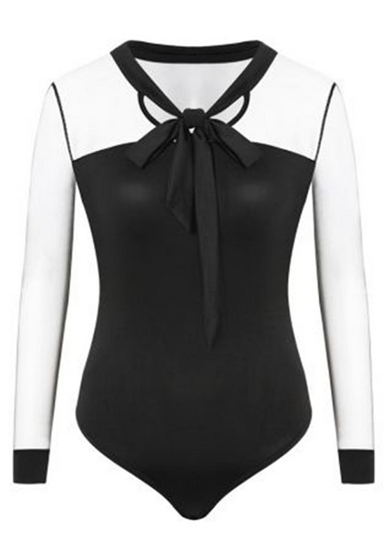 Body de vară de reducere pentru femei, cu fundă sexy, negru, cu gât fals, patchwork, cu mânecă lungă, pe spate, pentru dama, din plasă, topuri transparente