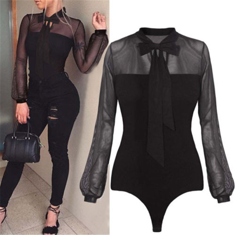 Body de vară de reducere pentru femei, cu fundă sexy, negru, cu gât fals, patchwork, cu mânecă lungă, pe spate, pentru dama, din plasă, topuri transparente