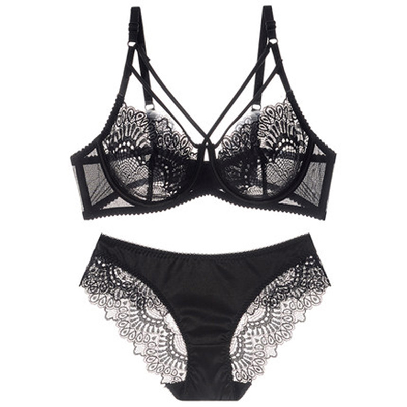 Set sutien și chiloți sexy din dantelă ultra-subțire, lenjerie de corp transparentă, cupă CDE 95C 95D