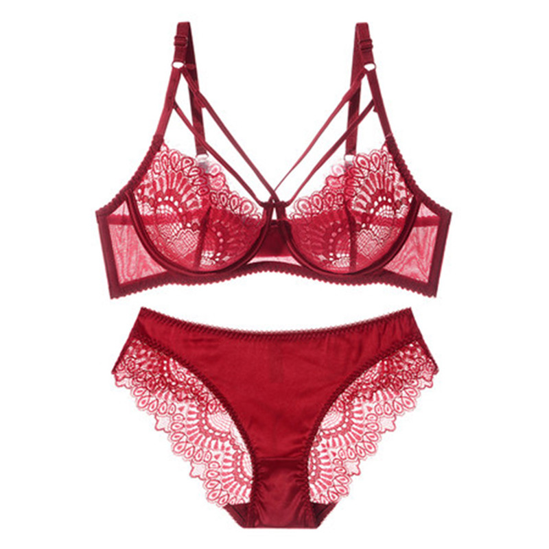 Set sutien și chiloți sexy din dantelă ultra-subțire, lenjerie de corp transparentă, cupă CDE 95C 95D