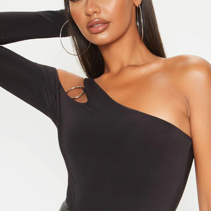 BKLD Body sexy negru de culoare solidă, cu mânecă lungă, cu un singur umăr, bandaj cu inel, salopetă scobită, toamna 2020, îmbrăcăminte nouă pentru femei