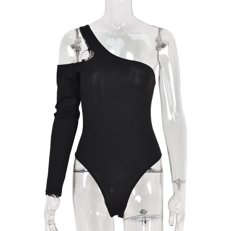 BKLD Body sexy negru de culoare solidă, cu mânecă lungă, cu un singur umăr, bandaj cu inel, salopetă scobită, toamna 2020, îmbrăcăminte nouă pentru femei