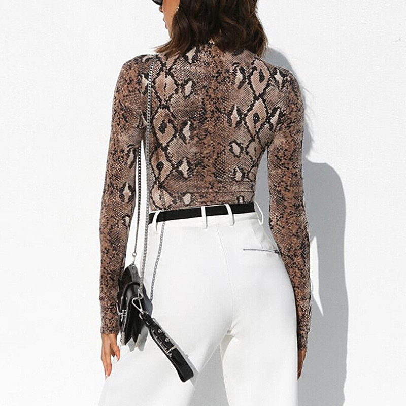 modni ženski seksi šik bodi s printom zmijske kože žene novi dolčevita s dugim rukavima skinny slim body s printom zmijske kože