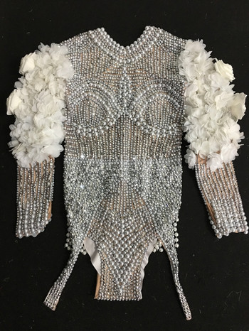 Боди с блестящи перли и кристали на цветя Секси трико за певица Сценично облекло Облекло за танци Разтегливо облекло