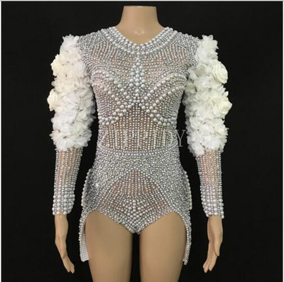 Body cu flori cu perle strălucitoare cu strasuri, performanță sexy, tricou pentru cântăreață, îmbrăcăminte pentru scenă, îmbrăcăminte de dans, ținută elastică