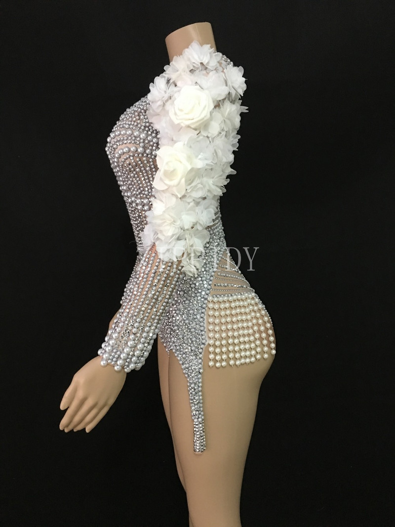 Body cu flori cu perle strălucitoare cu strasuri, performanță sexy, tricou pentru cântăreață, îmbrăcăminte pentru scenă, îmbrăcăminte de dans, ținută elastică
