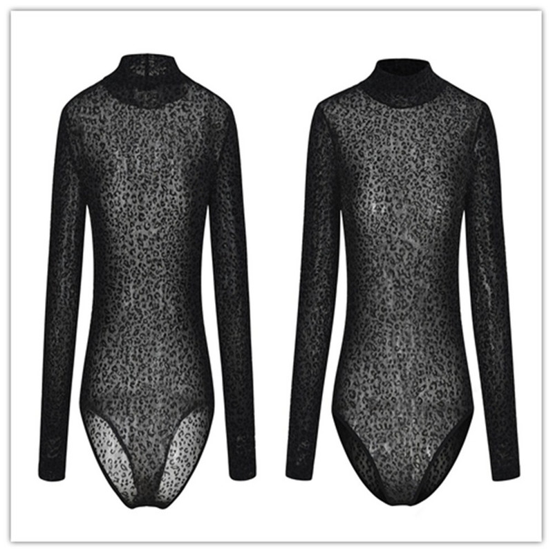Adogirl sexy cu imprimeu leopard din plasă transparentă body femei casual cu mânecă lungă cu gât țestoasă corp top ținută feminină salopete salopete