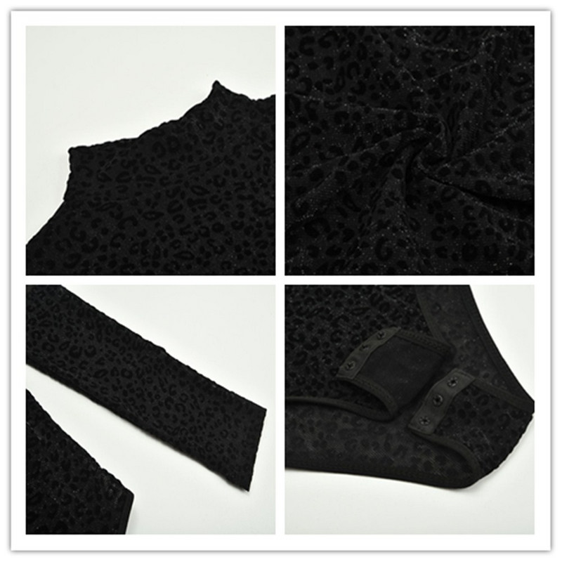 Adogirl sexy cu imprimeu leopard din plasă transparentă body femei casual cu mânecă lungă cu gât țestoasă corp top ținută feminină salopete salopete