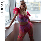 Ellolace Feather Lenjerie strălucitoare Sutien transparent Lenjerie intima porno de lux Necenzurate Dantela de lux Volane Jartiere Seturi erotice de 4 piese