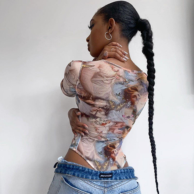 BKLD Γυναικεία ρούχα Φθινόπωρο 2021 Νέα στάμπα πεταλούδας με στρογγυλή λαιμόκοψη μακρυμάνικη ολόσωμη φόρμα Bodycon Σέξι κορμάκια μπλούζες Clubwear