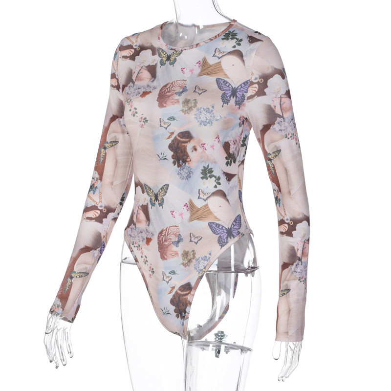 BKLD Γυναικεία ρούχα Φθινόπωρο 2021 Νέα στάμπα πεταλούδας με στρογγυλή λαιμόκοψη μακρυμάνικη ολόσωμη φόρμα Bodycon Σέξι κορμάκια μπλούζες Clubwear