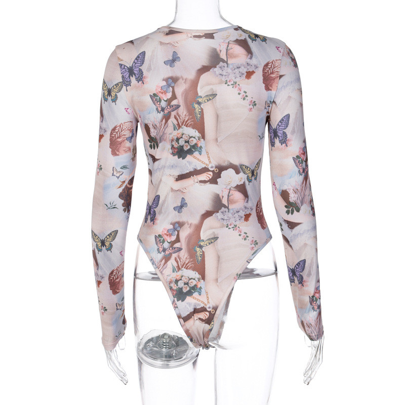 BKLD Γυναικεία ρούχα Φθινόπωρο 2021 Νέα στάμπα πεταλούδας με στρογγυλή λαιμόκοψη μακρυμάνικη ολόσωμη φόρμα Bodycon Σέξι κορμάκια μπλούζες Clubwear