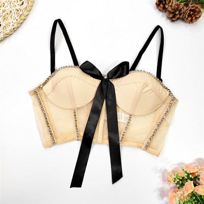 Καλοκαιρινό Νέο Γυναικείο Λεπτό Σουτιέν Καμισόλ με χάντρες απλικέ κομμένο πάνω σέξι εξώπλατο διχτυωτό λεπτό μπλουζάκι νυχτερινό κέντρο διασκέδασης