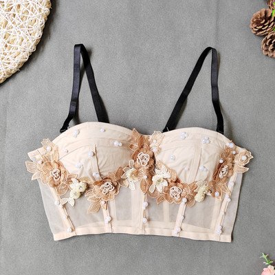 Καλοκαιρινό Νέο Γυναικείο Λεπτό Σουτιέν Καμισόλ με χάντρες απλικέ κομμένο πάνω σέξι εξώπλατο διχτυωτό λεπτό μπλουζάκι νυχτερινό κέντρο διασκέδασης