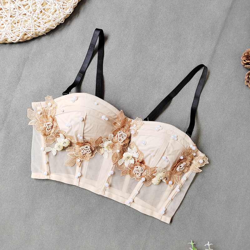 Καλοκαιρινό Νέο Γυναικείο Λεπτό Σουτιέν Καμισόλ με χάντρες απλικέ κομμένο πάνω σέξι εξώπλατο διχτυωτό λεπτό μπλουζάκι νυχτερινό κέντρο διασκέδασης