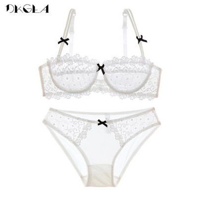 Set de lenjerie de corp cu gol Sutiene din dantelă 1/2 cupă Sutien Alb Transparent Sexy Sutien Chiloți Set Femei Plus Size Lenjerie Set Broderie