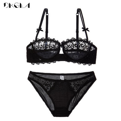 Set de lenjerie de corp cu gol Sutiene din dantelă 1/2 cupă Sutien Alb Transparent Sexy Sutien Chiloți Set Femei Plus Size Lenjerie Set Broderie
