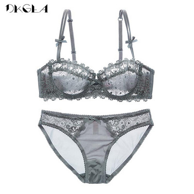 Set de lenjerie de corp cu gol Sutiene din dantelă 1/2 cupă Sutien Alb Transparent Sexy Sutien Chiloți Set Femei Plus Size Lenjerie Set Broderie