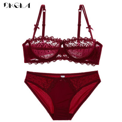 Set de lenjerie de corp cu gol Sutiene din dantelă 1/2 cupă Sutien Alb Transparent Sexy Sutien Chiloți Set Femei Plus Size Lenjerie Set Broderie