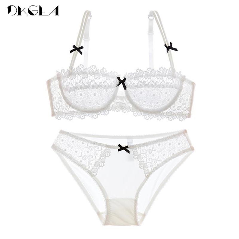 Set de lenjerie de corp cu gol Sutiene din dantelă 1/2 cupă Sutien Alb Transparent Sexy Sutien Chiloți Set Femei Plus Size Lenjerie Set Broderie
