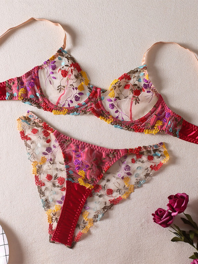 Mulherelfo Lenjerie de lux Dantela Set Zână Sexy Femeie 2 Buc Broderie Florală Sutien Transparent Lenjerie Delicată Bielizna Outfits