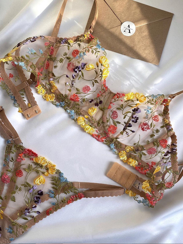 Mulherelfo Lenjerie de lux Dantela Set Zână Sexy Femeie 2 Buc Broderie Florală Sutien Transparent Lenjerie Delicată Bielizna Outfits