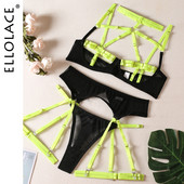 Ellolace Lenjerie Neon Femeie Dezbrăcată fără Cenzură Lenjerie intima sexy Intim 5 piese Set sutien și chiloți Halter