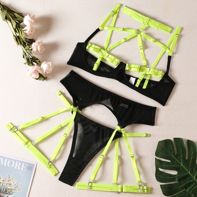 Ellolace Lenjerie Neon Femeie Dezbrăcată fără Cenzură Lenjerie intima sexy Intim 5 piese Set sutien și chiloți Halter