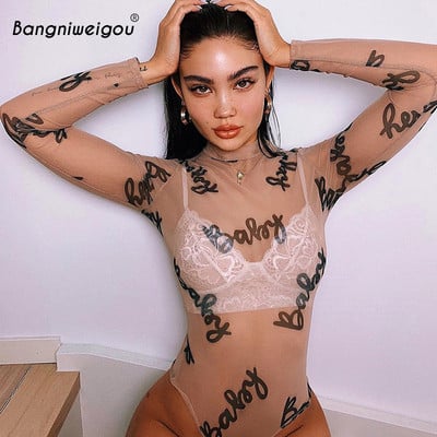 Bangniweigou Letter Babe Print Body din plasă transparentă cu mânecă lungă, bej, purpură, pentru femei, corset de vară, haine de club pentru vedete