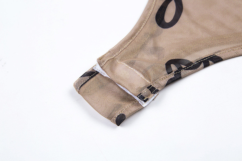 Bangniweigou Letter Babe Print Body din plasă transparentă cu mânecă lungă, bej, purpură, pentru femei, corset de vară, haine de club pentru vedete