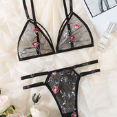 Lenjerie Intima Costum Sexy Sutien Transparent Femeie 2 Piese Broderie Floral Lenjerie Intima Costum Dantela Fara Sutien Suport Otel