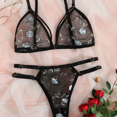 Lenjerie Intima Costum Sexy Sutien Transparent Femeie 2 Piese Broderie Floral Lenjerie Intima Costum Dantela Fara Sutien Suport Otel