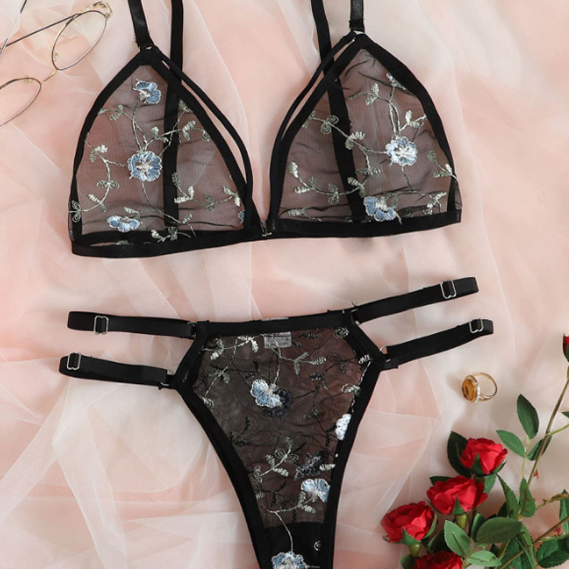 Lenjerie Intima Costum Sexy Sutien Transparent Femeie 2 Piese Broderie Floral Lenjerie Intima Costum Dantela Fara Sutien Suport Otel