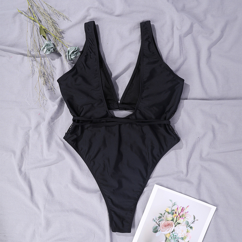 BKLD Μαύρο διχτυωτό συνονθύλευμα Hollow Out Lace Up Γυναικείο κορμάκι αμάνικο σέξι ελαστικό κορμάκι One Piece Outfits Ρούχα παραλίας