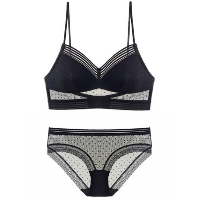Set de sutien și chiloți cu buline sexy din plasă U mare fără spate, cu set de lenjerie de corp din dantelă, lenjerie moale, căptușită subțire, pentru femei, piele albă neagră