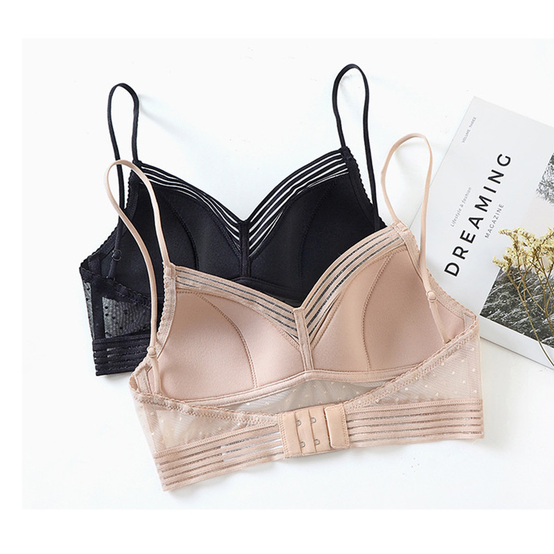 Set de sutien și chiloți cu buline sexy din plasă U mare fără spate, cu set de lenjerie de corp din dantelă, lenjerie moale, căptușită subțire, pentru femei, piele albă neagră