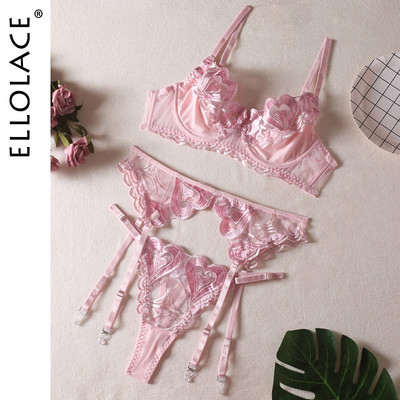Ellolace Fancy εσώρουχα 3 τεμαχίων ανοιχτό ροζ Love κέντημα Λεπτό εσώρουχο Διαφανές σουτιέν Garters Sexy Bilizna Intimate