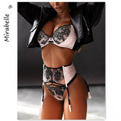 MIRABELLE Set erotic 3 piese Sutien Push Up Set de slip Dantela Lenjerie senzuală Patchwork Lenjerie intimă de lux cu jartiere