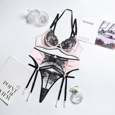 MIRABELLE Set erotic 3 piese Sutien Push Up Set de slip Dantela Lenjerie senzuală Patchwork Lenjerie intimă de lux cu jartiere