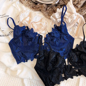 Lenjerie de corp sexy din dantelă pentru femei, sutien cu broderie ultra-subțire, chiloți, sâni mari, bralette mici, cu spate în formă de T, set de vară în V adânc