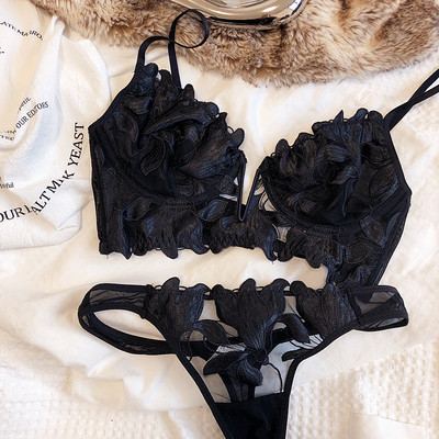 Lenjerie de corp sexy din dantelă pentru femei, sutien cu broderie ultra-subțire, chiloți, sâni mari, bralette mici, cu spate în formă de T, set de vară în V adânc