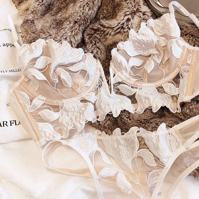 Lenjerie de corp sexy din dantelă pentru femei, sutien cu broderie ultra-subțire, chiloți, sâni mari, bralette mici, cu spate în formă de T, set de vară în V adânc